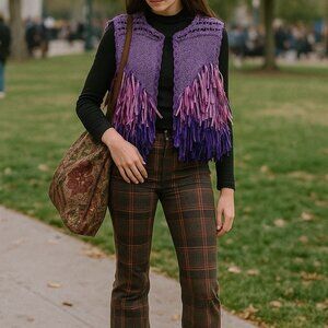 Artsy HandKnit By Georgean Open Vest O/S Ribbon Fringe Purple Pink Boho Cottage